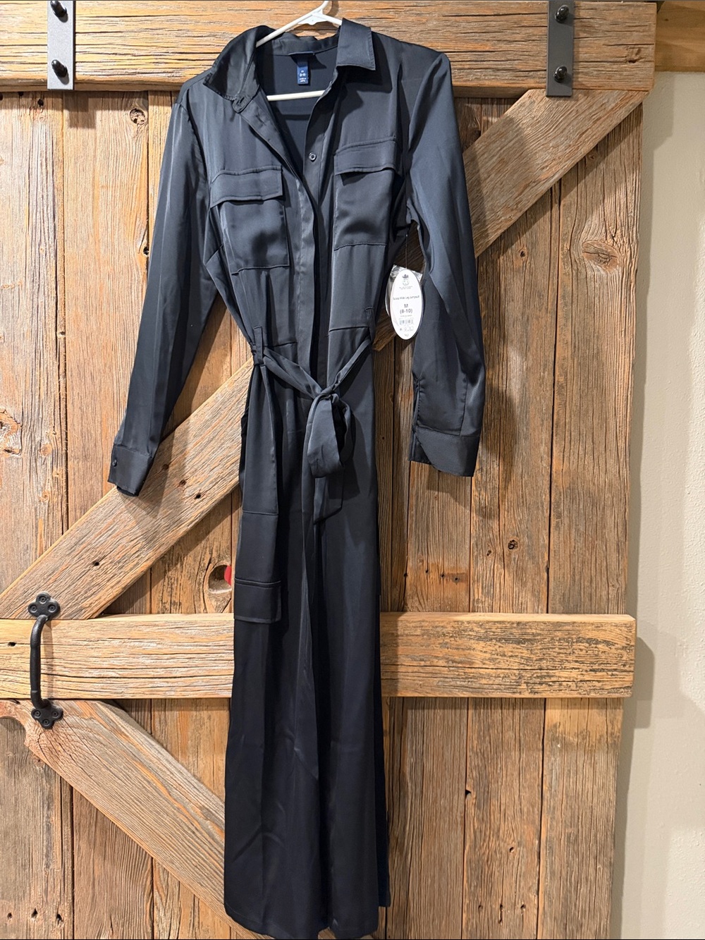 Classic Black Long-Sleeve Utility Jumpsuit with Tie Waist